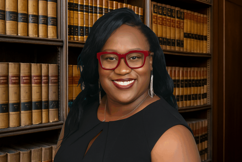 Audrey Morison, professional immigration consultant, smiling confidently in a law library setting with shelves of legal books behind her